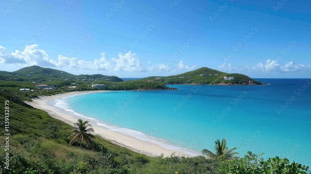 Serene Beach Landscape with Turquoise Waters and Lush Green Hills Serene Beach Landscape with Turquoise Waters and Lush Green Hills