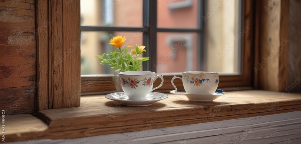 old wooden windowsill adorned with a single tea cup and saucer, earthy atmosphere, cups old wooden windowsill adorned with a single tea cup and saucer, earthy atmosphere, cups