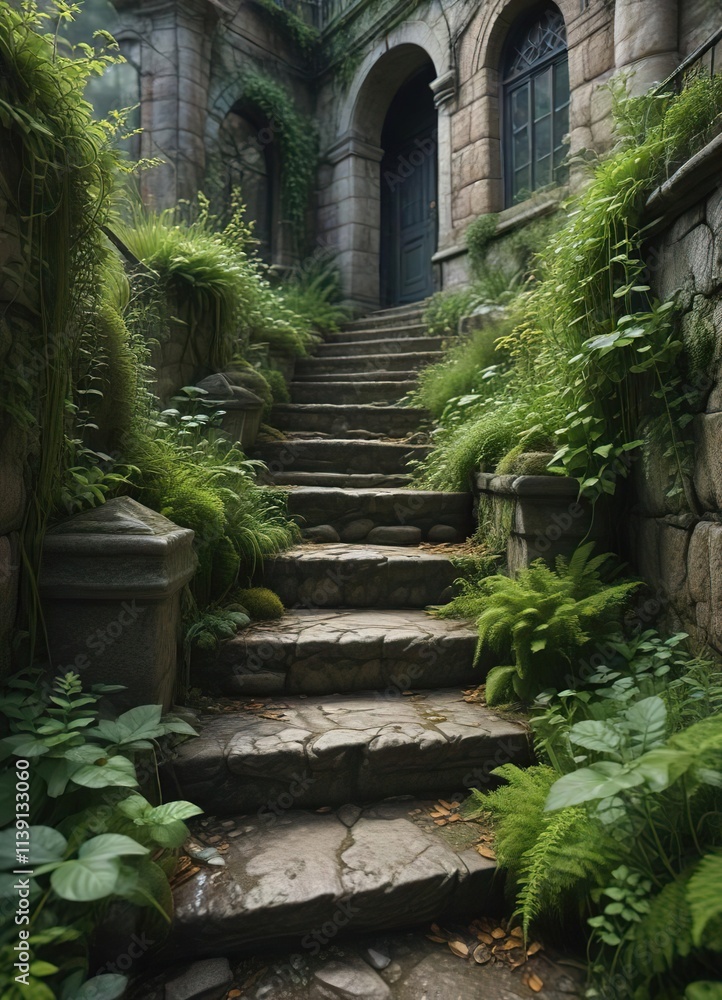 Overgrown stone staircase with vines and moss , wild-growth, forgotten-stairway, lush-vegetation Overgrown stone staircase with vines and moss , wild-growth, forgotten-stairway, lush-vegetation