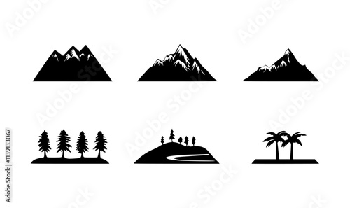 A collection of black silhouettes depicting mountains, trees, and a landscape scene.