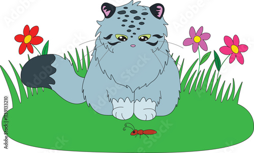 cute, wild, cat, manul, runs, summer, green, grass, under, blue, sky, white, clouds, cartoon, illustration, pallas's, mammal, zoo, animal, vector, fur, wildlife, carnivore, kitten, wildcat, character,