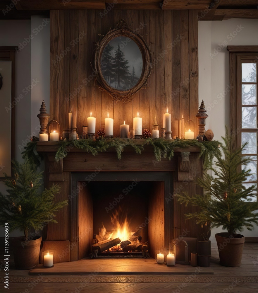 Pine branches and candles displayed against the backdrop of a fir tree in front of an old wooden fireplace, pinecone, pine branches, candlelight Pine branches and candles displayed against the backdrop of a fir tree in front of an old wooden fireplace, pinecone, pine branches, candlelight