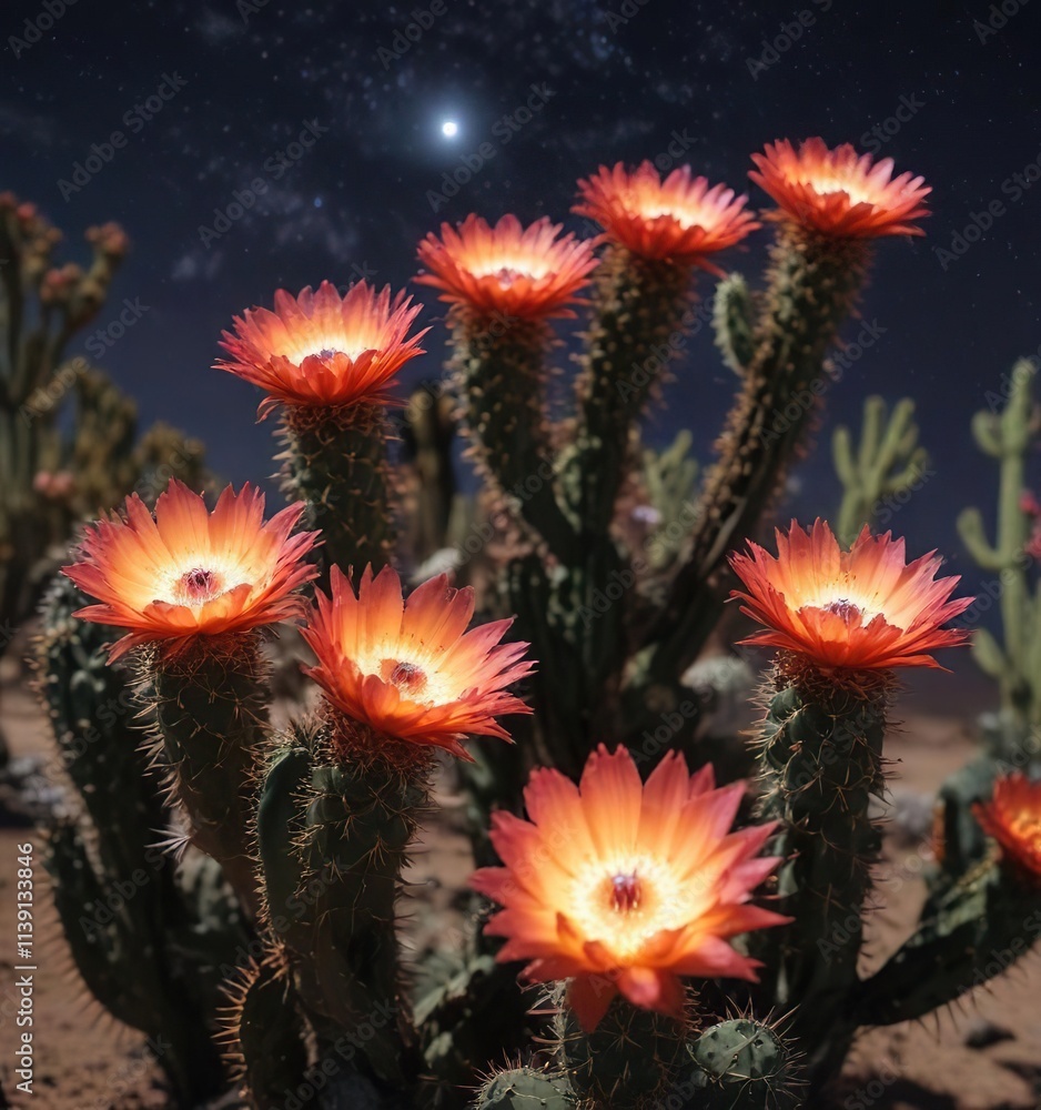 Prickly desert cactus flowers glowing in the night sky , night, sky Prickly desert cactus flowers glowing in the night sky , night, sky