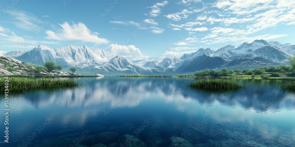 Serene Mountain Lake with Crystal Clear Water, Stunning Reflective Surface, and Majestic Snow-Capped Peaks in the Distance – Tranquil Natural Landscape Serene Mountain Lake with Crystal Clear Water, Stunning Reflective Surface, and Majestic Snow-Capped Peaks in the Distance – Tranquil Natural Landscape