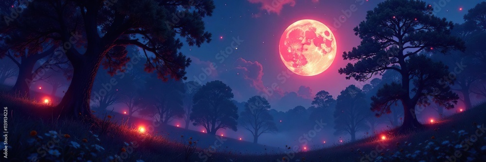 A glowing moon casts an otherworldly glow on the surrounding trees, glowing orbs, nighttime scenes A glowing moon casts an otherworldly glow on the surrounding trees, glowing orbs, nighttime scenes
