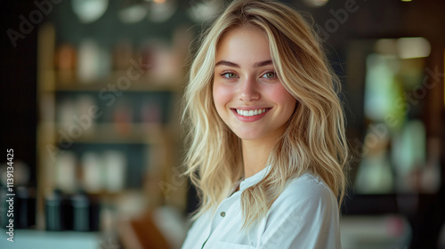 Beautiful young lady or woman with blonde hair at the hairdresser or hairstyling studio, female barber client, grooming saloon, youthful girl smiling, beautician profession treatment customer.