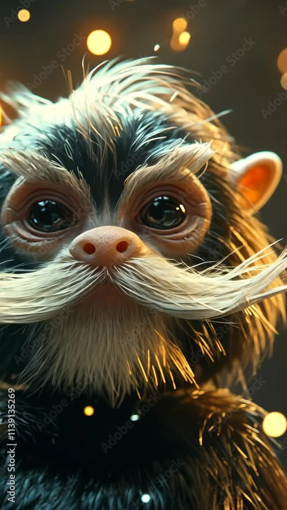 Detailed close-up of a whimsical creature with a mustache and expressive eyes, featuring warm highlights in a charming setting Detailed close-up of a whimsical creature with a mustache and expressive eyes, featuring warm highlights in a charming setting