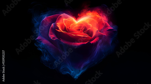A fiery red rose enveloped in blue smoke forming a heart shape