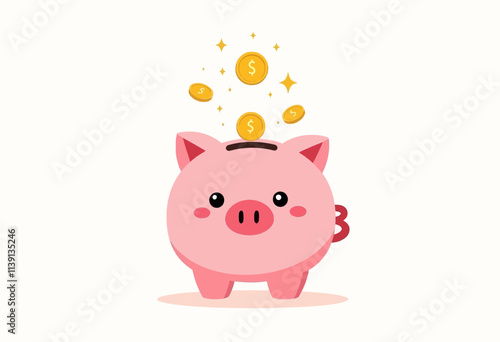 Kawaii Pink Piggy Bank with Golden Coins: A Playful and Minimalist Illustration for Money Saving Concepts, Featuring Sparkles and a Soft Pastel Color Scheme