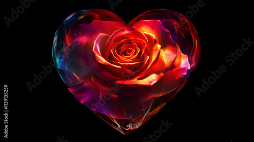 A fiery rose encased within a heart shaped glass