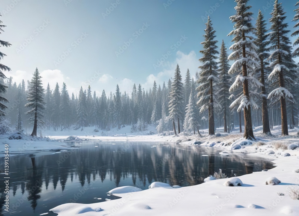 Snow-covered forest with tall trees and frozen lakes, peaceful scenery, serene atmosphere Snow-covered forest with tall trees and frozen lakes, peaceful scenery, serene atmosphere