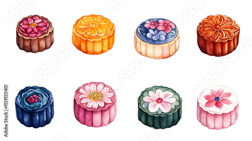 Eight Watercolor Mooncakes Decorated With Flowers