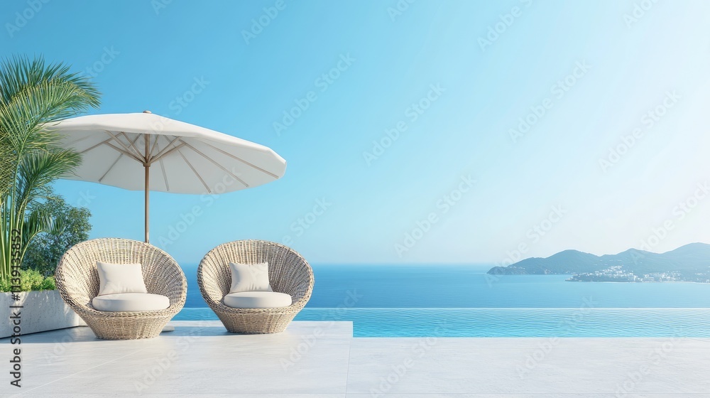 Obraz premium Serene Outdoor Lounge with Ocean View and Sun Umbrella Setup
