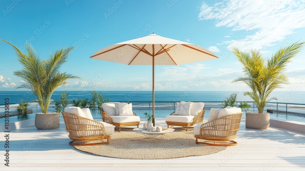 Obraz premium Modern Outdoor Lounge Area with Sun Umbrella and Sea View