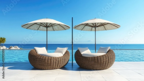 Wallpaper Mural Cozy Poolside Loungers Under Umbrellas with Scenic Ocean View Torontodigital.ca