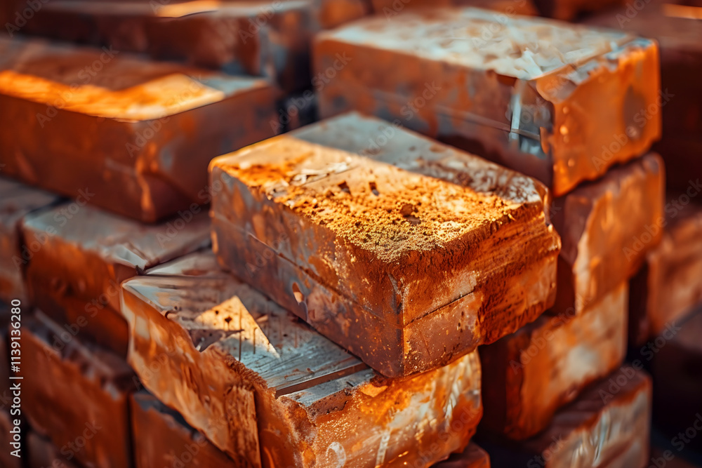 Close-Up of Neatly Stacked Red Clay Bricks at Construction Site with Sunlight Enhancing Earthy Tones and Textures Close-Up of Neatly Stacked Red Clay Bricks at Construction Site with Sunlight Enhancing Earthy Tones and Textures