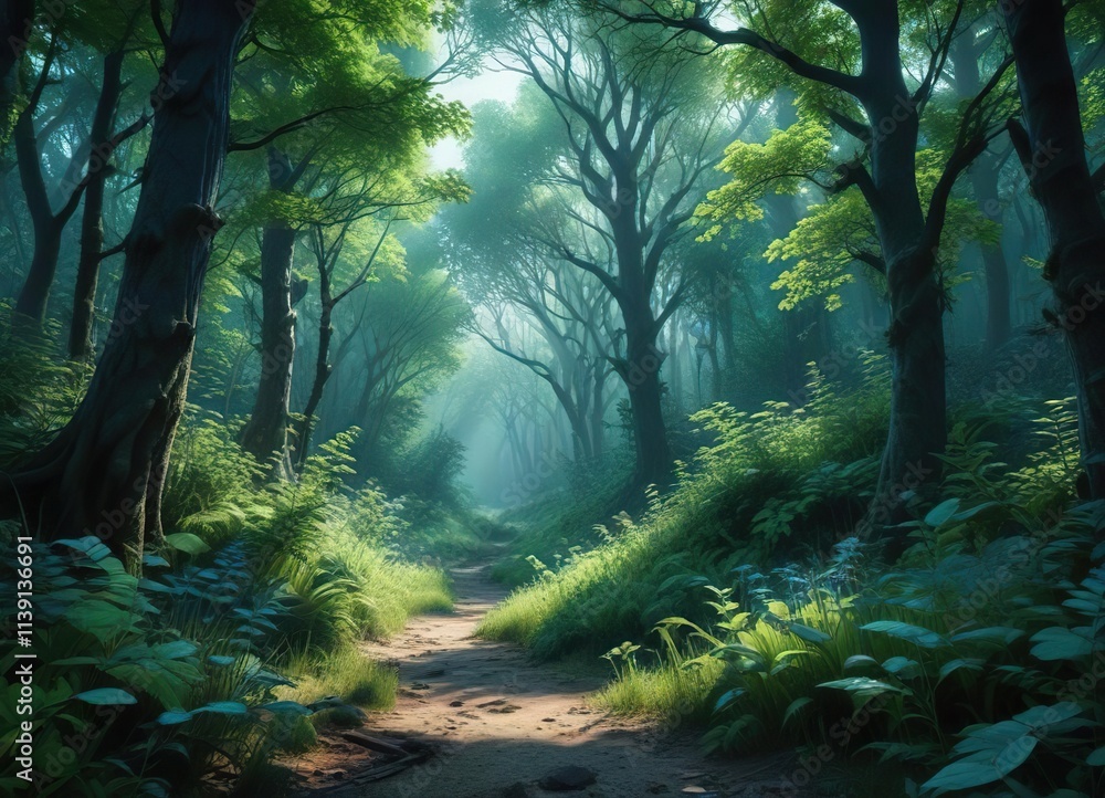 Obraz premium Surrealistic photography of a mysterious forest with overgrown foliage in shades of blue and green , blue, natural