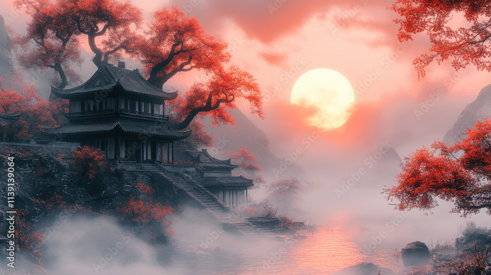 The pavilion on the mountaintop, the rising red sun The pavilion on the mountaintop, the rising red sun