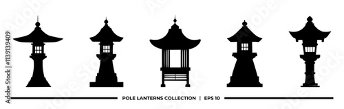 A collection of silhouetted pole lantern designs showcasing various architectural styles.