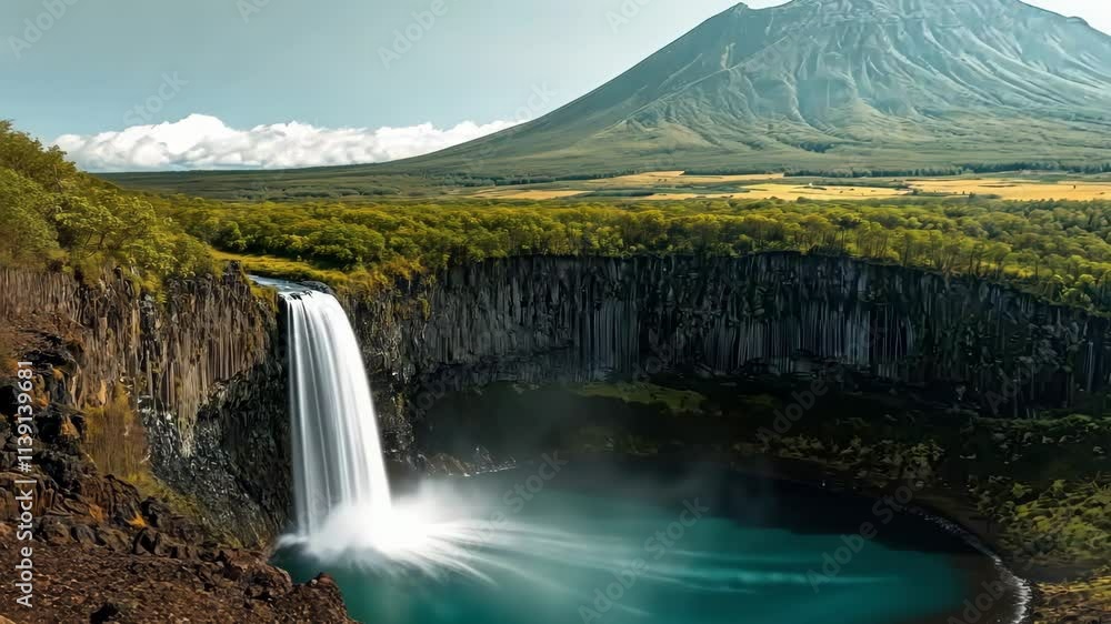 Discover breathtaking natural beauty featuring a cascading waterfall and a towering volcano captured seamlessly by Generative Ai Discover breathtaking natural beauty featuring a cascading waterfall and a towering volcano captured seamlessly by Generative Ai