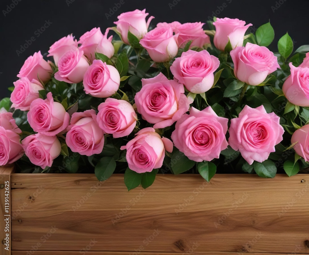 Elegant bouquet of pink roses in a wooden planter box, wedding, flowers, anniversary Elegant bouquet of pink roses in a wooden planter box, wedding, flowers, anniversary