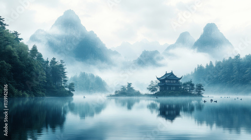 Fototapeta Naklejka Na Ścianę i Meble -  Chinese classical landscape painting depicts pavilions and mountains, boats and people in the painting