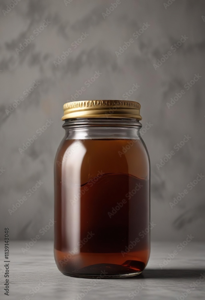 A glass jar filled with a rich brown medicinal liquid, set against a soft gray backdrop with subtle texture and subtle lighting, herbalism, glass, pharmaceuticals A glass jar filled with a rich brown medicinal liquid, set against a soft gray backdrop with subtle texture and subtle lighting, herbalism, glass, pharmaceuticals