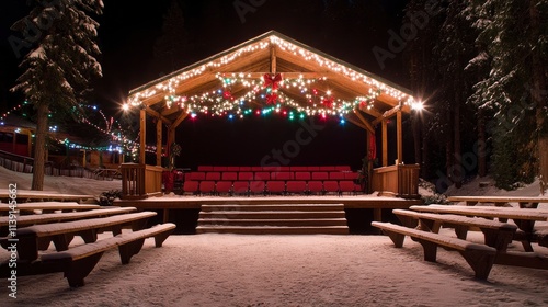 Festively lit outdoor stage in winter setting