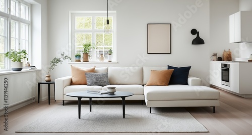 Modern living room with a comfortable sofa, minimalist decor, and natural light from large windows.