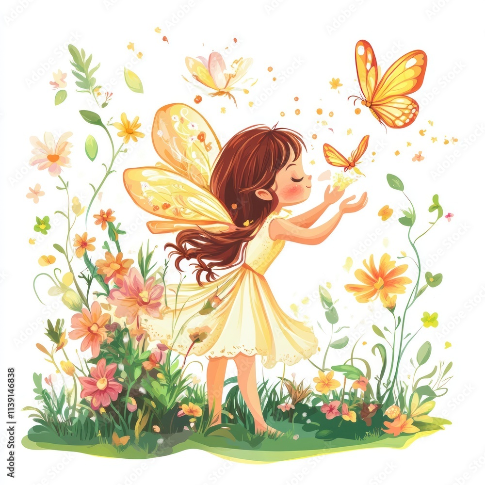 Whimsical Fairy Illustration: A Girl with Wings in a Flower Garden Whimsical Fairy Illustration: A Girl with Wings in a Flower Garden