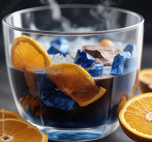 Close-up of steaming glass of cocoa with Heisenberg blue crystal and dried orange slice,  slice,  refreshment photo