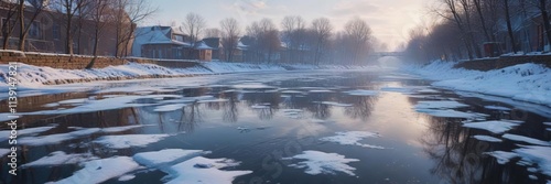 Snowflakes gently falling onto the frozen surface of a canal at Nizhny Novgorod, foggy, nizhny novgorod