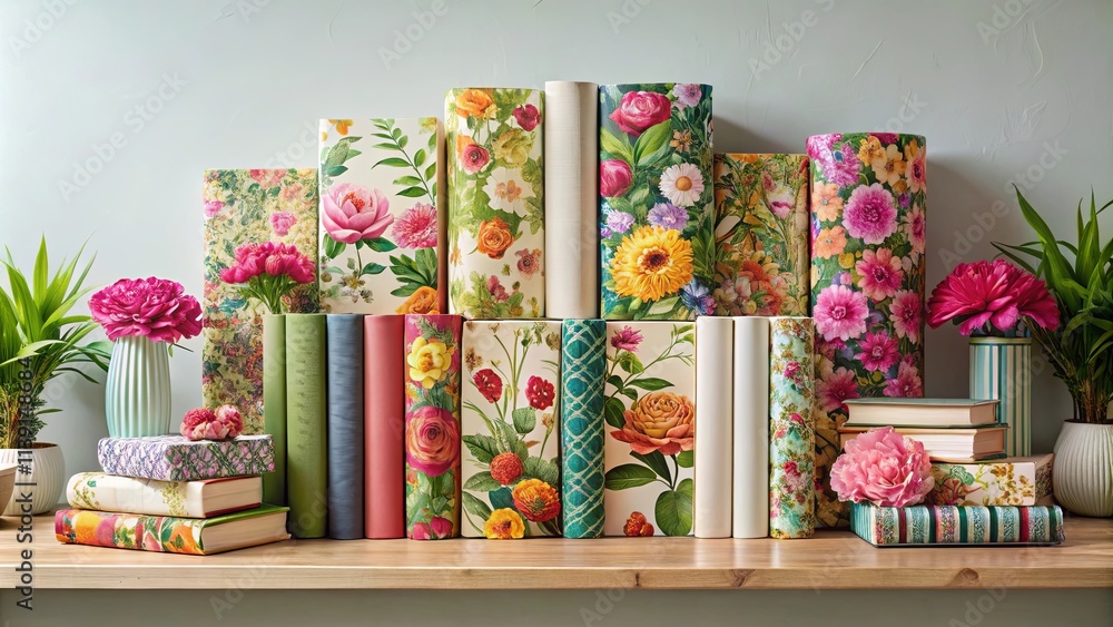 Fototapeta premium A captivating arrangement of decorative books featuring vibrant floral patterns, complemented by blooming flowers in elegant vases, all artfully displayed on a wooden shelf.