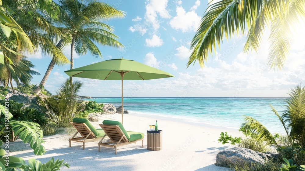 Fototapeta premium Serene Tropical Beach with Lounge Chairs and Umbrella in Paradise