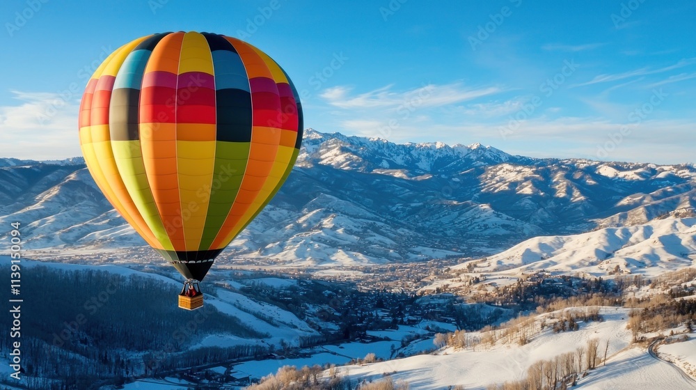 Colorful hot air balloon soaring over snowy mountains scenic landscape adventure viewpoint Colorful hot air balloon soaring over snowy mountains scenic landscape adventure viewpoint