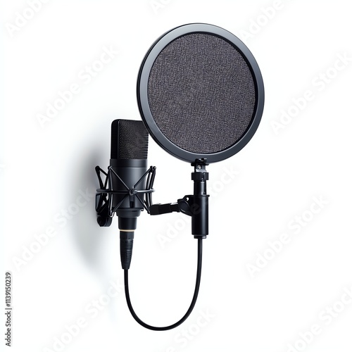 Professional microphone with pop filter for recording in studio, white isolate background.