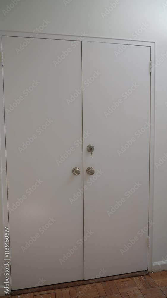 In a minimalist room designed with clean lines, there is a pair of closed white closet doors that stands out In a minimalist room designed with clean lines, there is a pair of closed white closet doors that stands out