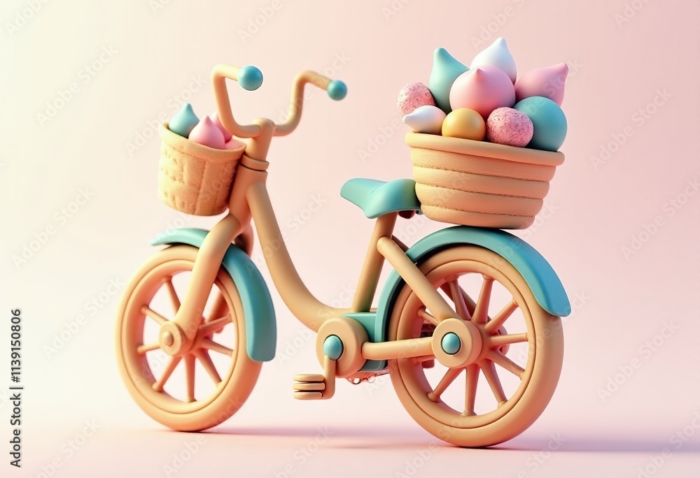 Fototapeta premium Whimsical 3D Bicycle in Pastel Colors Overflowing with Sweets: A Dreamy Visual Treat for All Ages