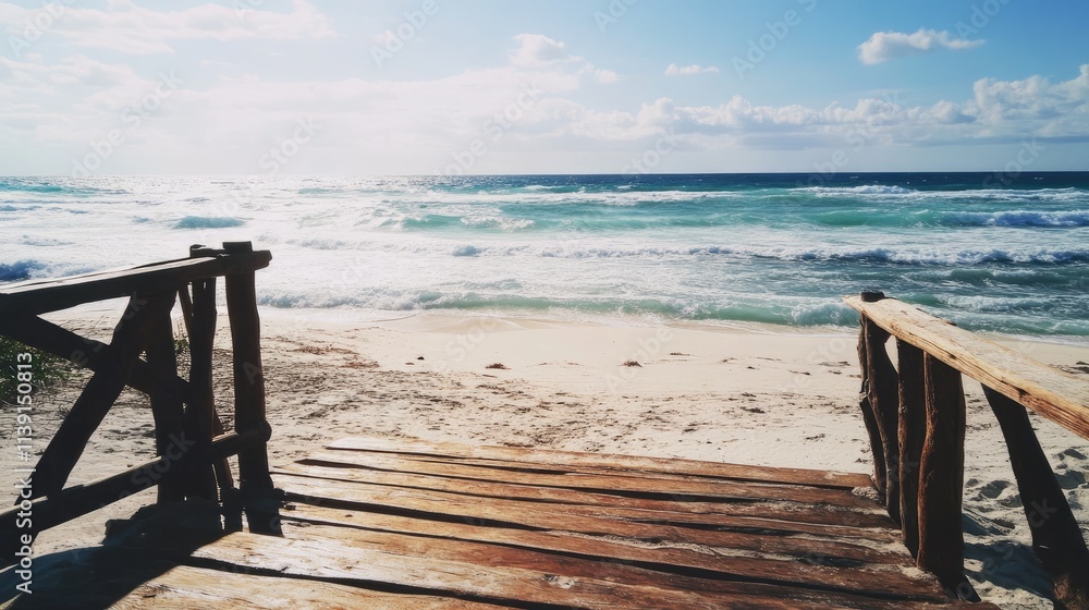 Tranquil Beach Scene with Wooden Boardwalk and Gentle Waves Tranquil Beach Scene with Wooden Boardwalk and Gentle Waves