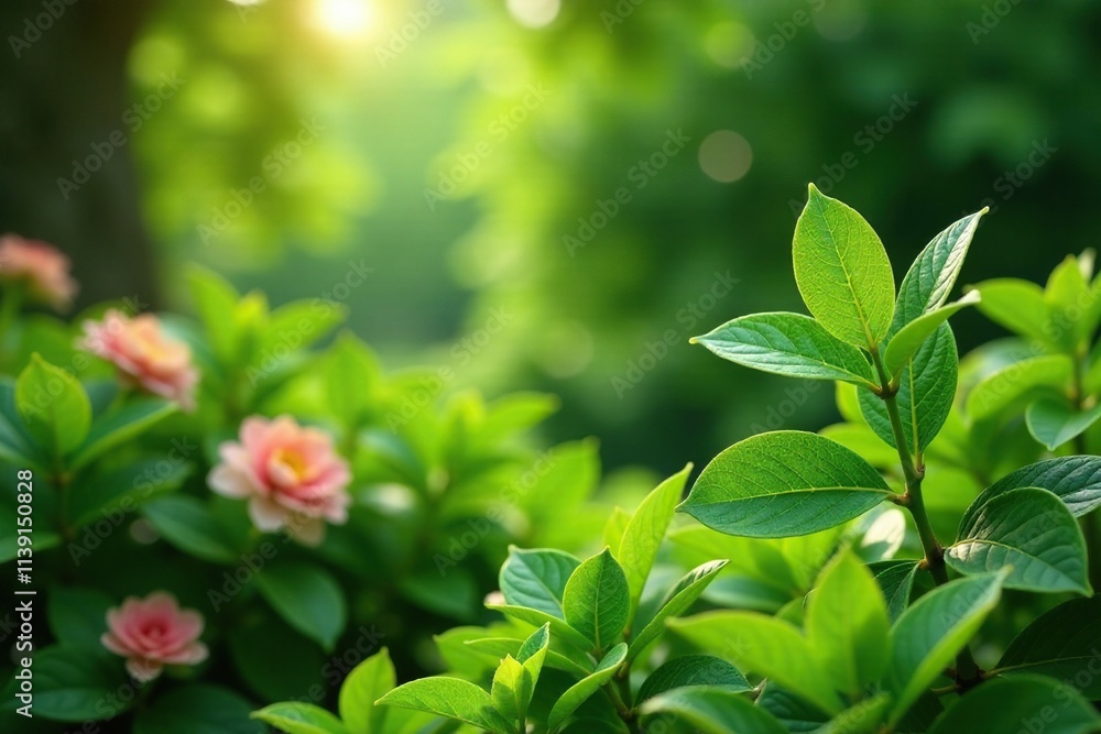 Green jojoba leaves in a garden with lush vegetation and flowers, jojoba, lush, nature Green jojoba leaves in a garden with lush vegetation and flowers, jojoba, lush, nature