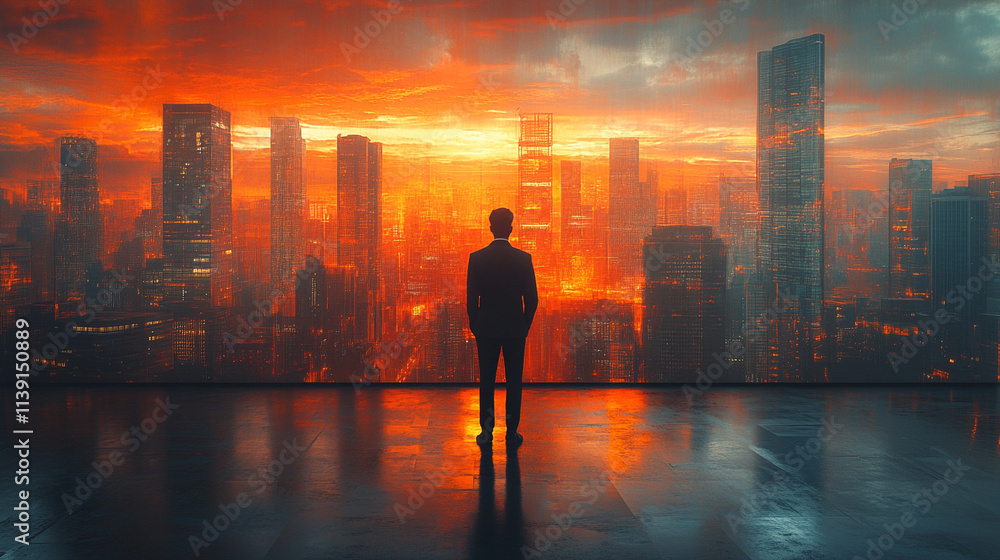 businessman stands with his back to the viewer facing a futuristic cityscape symbolizing navigating the frontier of modern opportunities innovation and vision in an urban world with bright white tones businessman stands with his back to the viewer facing a futuristic cityscape symbolizing navigating the frontier of modern opportunities innovation and vision in an urban world with bright white tones