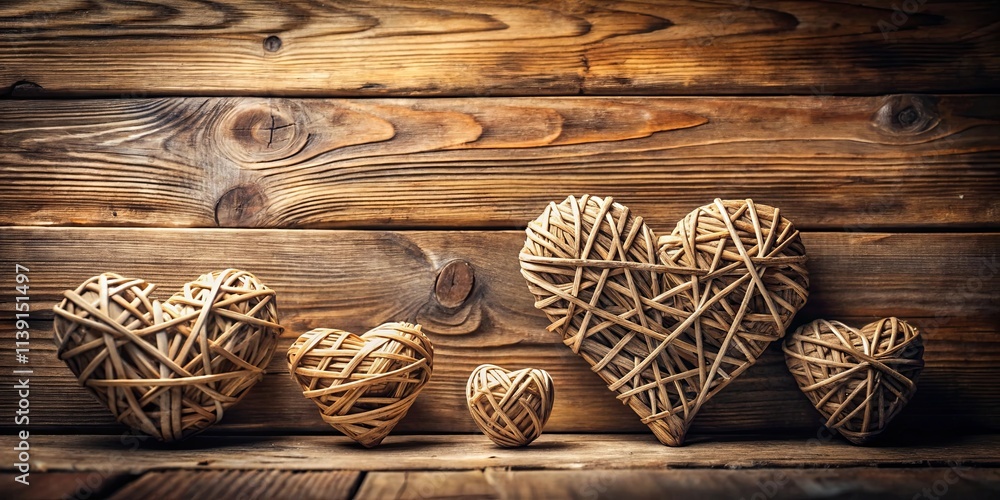 Rustic wooden background featuring four woven hearts of varying sizes arranged in a charming display. Rustic wooden background featuring four woven hearts of varying sizes arranged in a charming display.