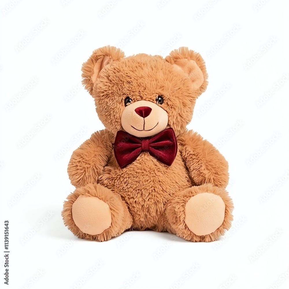 Obraz premium A cute, plush teddy bear with a red bow tie, designed to bring comfort and joy, perfect for gifts, decor, or companionship.