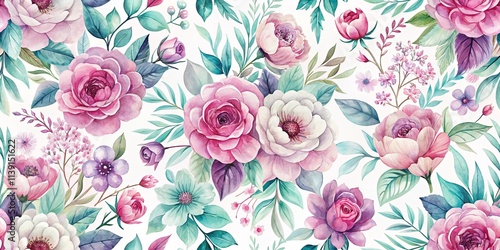 Elegant Watercolor Floral Seamless Pattern Design Featuring Delicate Roses and Other Blossoms