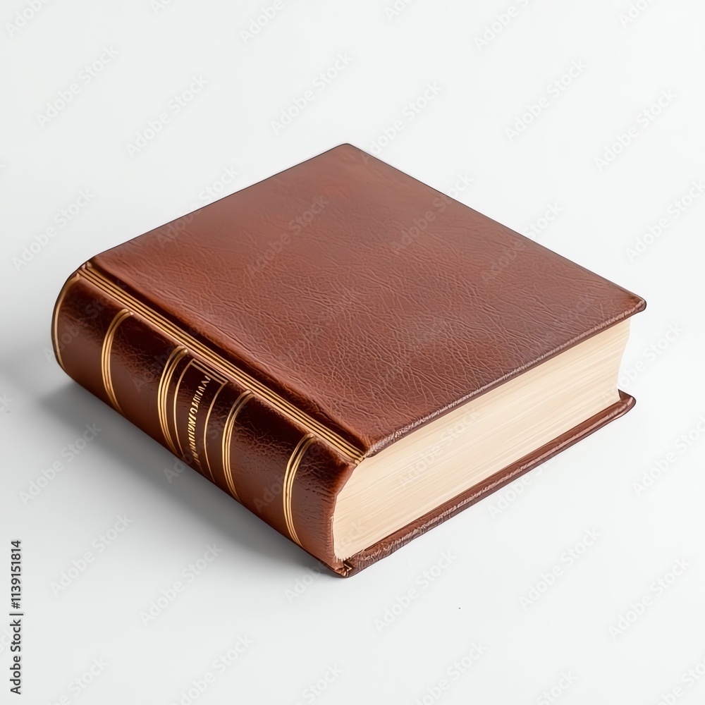 A classic, brown leather-bound book with a textured cover and gold accents, resting on a clean, white background. A classic, brown leather-bound book with a textured cover and gold accents, resting on a clean, white background.
