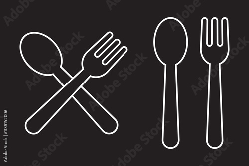 For and spoon icon set. Eatery symbol. Kitchen utensil vector illustration. Tableware serving sign. Crossed fork and spoon pictogram. Menu button.