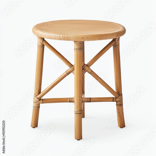 A simple, round wooden stool featuring a natural finish and sturdy cross-legged design, suitable for various indoor and outdoor settings.