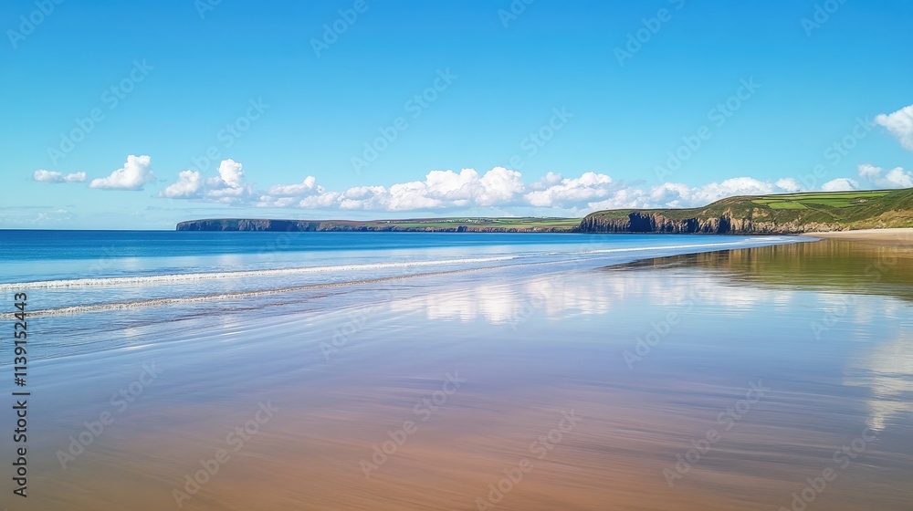 Fototapeta premium Serene Coastal Landscape with Calm Waters and Blue Sky Reflections