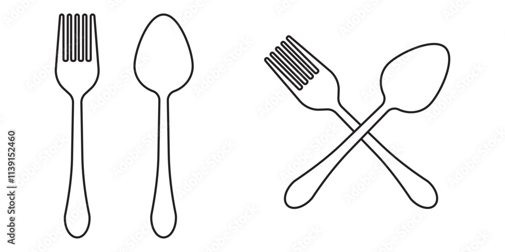 Tableware thin line icon set of fork, knife, spoon. Logotype menu. Cutlery and crockery sign. Flat style eating utensils symbol collection. Vector illustration Tableware thin line icon set of fork, knife, spoon. Logotype menu. Cutlery and crockery sign. Flat style eating utensils symbol collection. Vector illustration