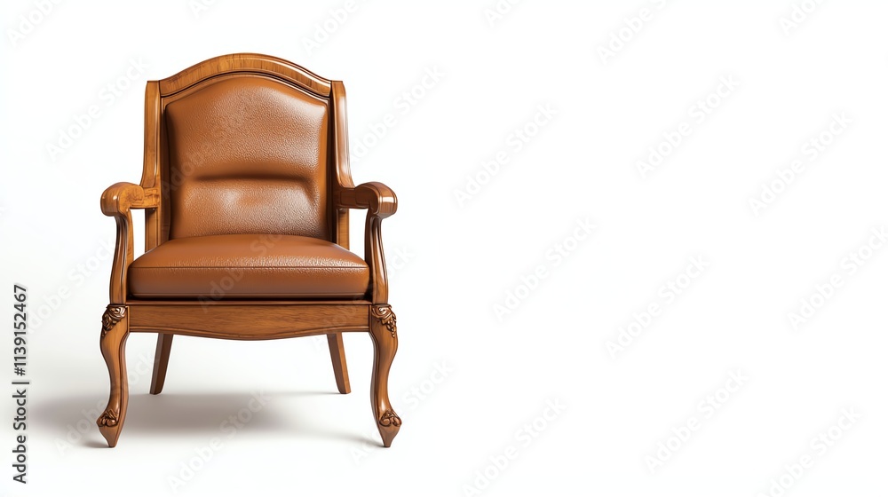 Fototapeta premium A classic wooden armchair with a rich brown leather seat, exuding elegance and vintage charm.